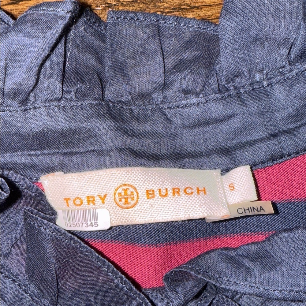 Tory Burch Striped Cotton Shift Dress Red Navy Ruffle Neck Logo Buttons Size S - Picture 10 of 11
